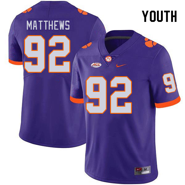 Youth Clemson Tigers Levi Matthews #92 College Purple NCAA Authentic Football Stitched Jersey 23JY30MZ